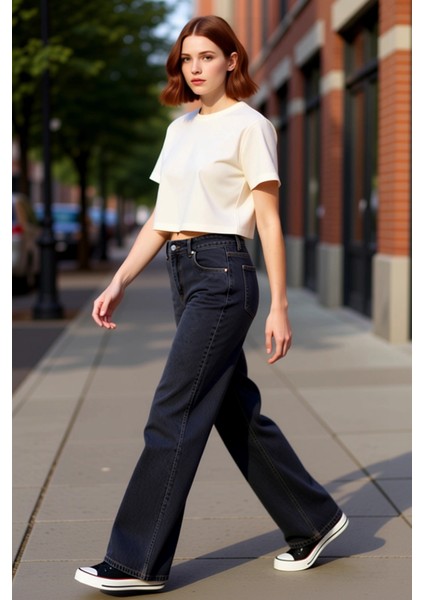 Kadın Geniş Paça Denim Pantolon Fonksiyonel Dayanıklı Kaliteli Konforlu Estetik Premium Şık