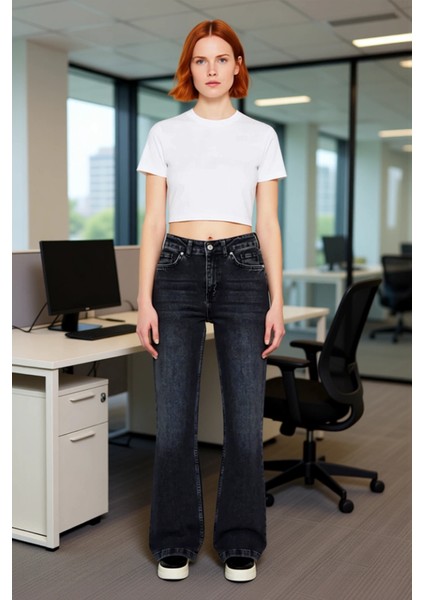 Kadın Yüksek Bel Geniş Paça Denim Pantolon Fonksiyonel Dayanıklı Kaliteli Konforlu Estetik modelleri