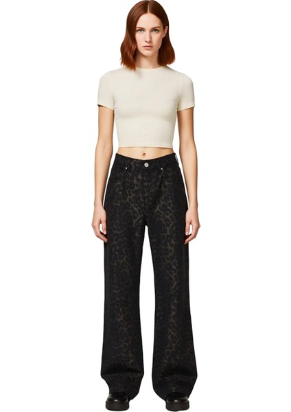 Kadın Leopar Desenli Yüksek Bel Bol Paça Denim Pantolon Fonksiyonel Dayanıklı Kaliteli Şık