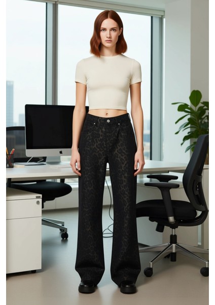 Kadın Leopar Desenli Yüksek Bel Bol Paça Denim Pantolon Fonksiyonel Dayanıklı Kaliteli Şık modelleri