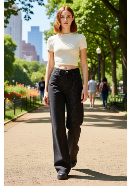 Kadın Leopar Desenli Yüksek Bel Bol Paça Denim Pantolon Fonksiyonel Dayanıklı Kaliteli Şık fırsatları