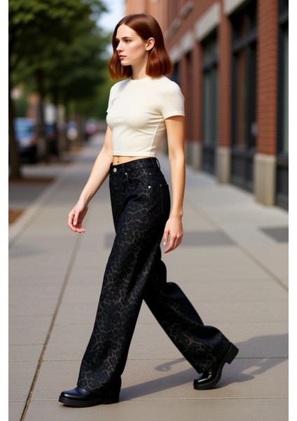 Kadın Leopar Desenli Yüksek Bel Bol Paça Denim Pantolon Fonksiyonel Dayanıklı Kaliteli Şık indirimleri