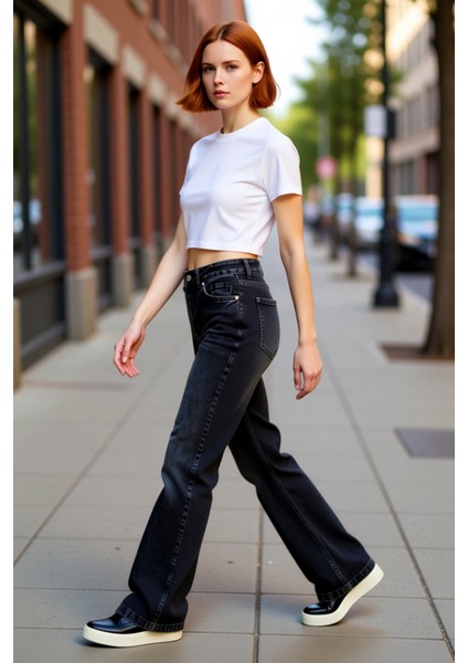 Kadın Antrasit Yüksek Bel Flare Denim Pantolon Fonksiyonel Dayanıklı Kaliteli Konforlu Şık