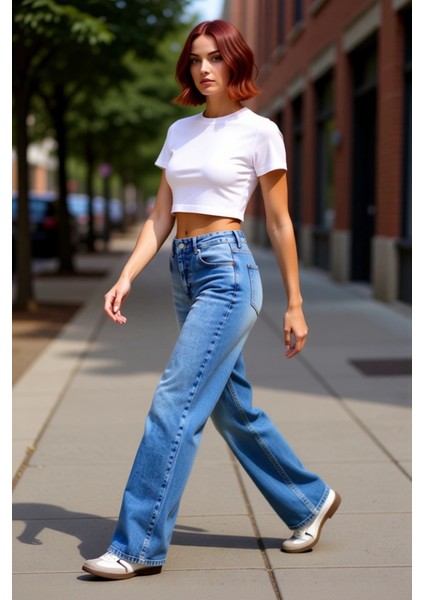 Kadın Wide Leg Yüksek Bel Denim Pantolon Fonksiyonel Dayanıklı Kaliteli Konforlu Estetik Şık