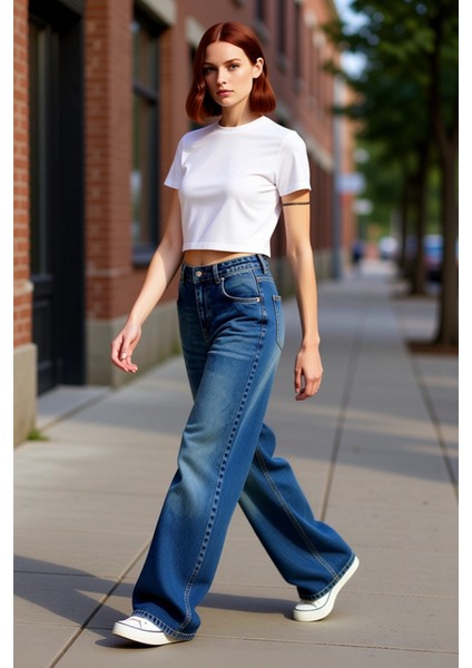 Kadın Yüksek Bel Geniş Paça Denim Pantolon Fonksiyonel Dayanıklı Kaliteli Konforlu Estetik