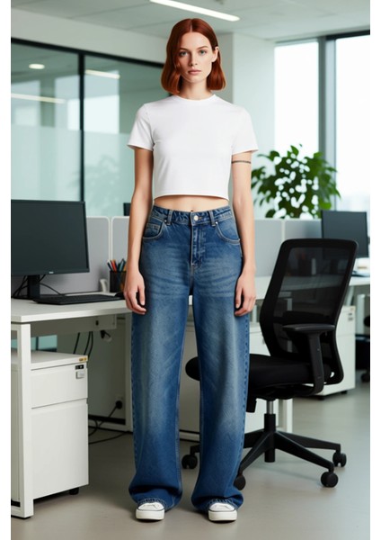 Kadın Yüksek Bel Geniş Paça Denim Pantolon Fonksiyonel Dayanıklı Kaliteli Konforlu Estetik fiyatları
