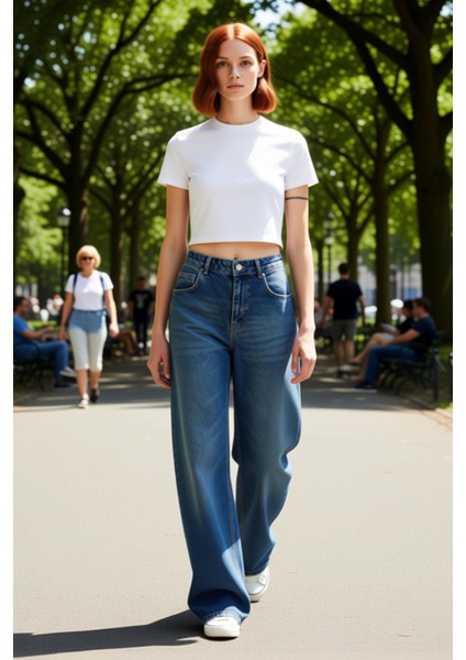 Kadın Yüksek Bel Geniş Paça Denim Pantolon Fonksiyonel Dayanıklı Kaliteli Konforlu Estetik modelleri