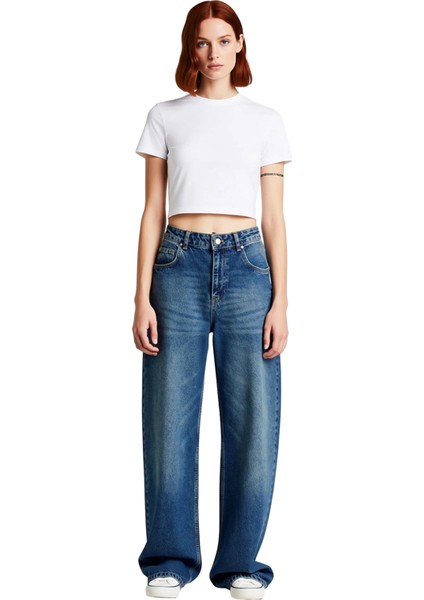Kadın Yüksek Bel Geniş Paça Denim Pantolon Fonksiyonel Dayanıklı Kaliteli Konforlu Estetik fırsatları