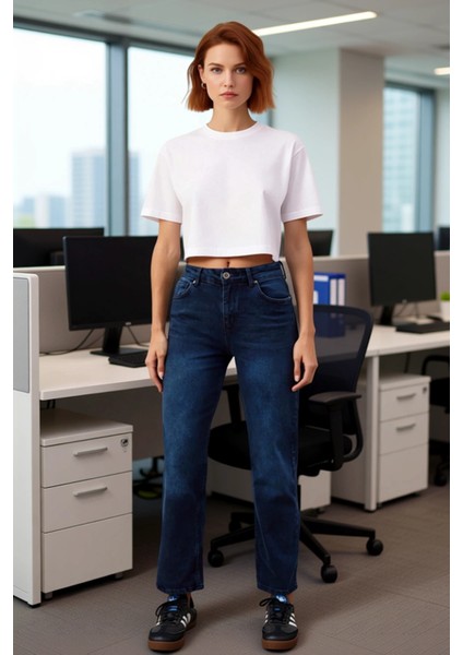 Kadın Yüksek Bel Düz Kesim Denim Pantolon Fonksiyonel Dayanıklı Kaliteli Konforlu Estetik Şık fiyatları