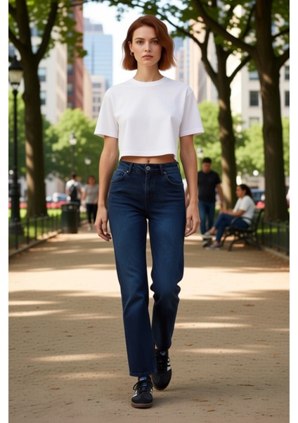 Kadın Yüksek Bel Düz Kesim Denim Pantolon Fonksiyonel Dayanıklı Kaliteli Konforlu Estetik Şık modelleri