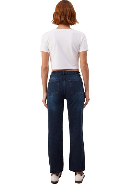 Kadın Yüksek Bel Düz Kesim Denim Pantolon Fonksiyonel Dayanıklı Kaliteli Konforlu Estetik Şık indirimleri
