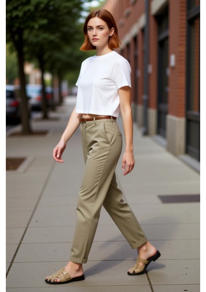 Kadın Haki Cigarette Kesim Gabardin Pantolon Fonksiyonel Dayanıklı Kaliteli Konforlu Rahat