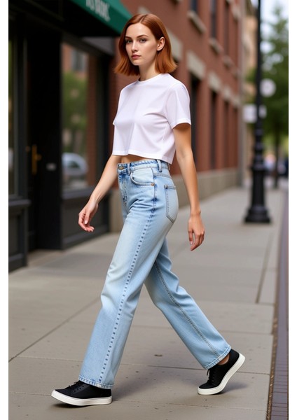 Kadın Açık Yüksek Bel Geniş Paça Denim Pantolon Fonksiyonel Dayanıklı Kaliteli Konforlu Şık