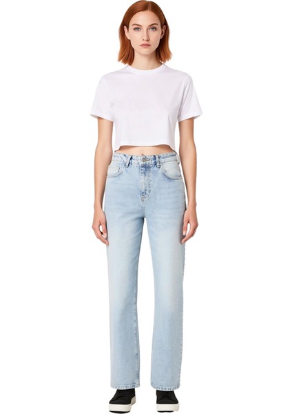 Kadın Açık Yüksek Bel Geniş Paça Denim Pantolon Fonksiyonel Dayanıklı Kaliteli Konforlu Şık fırsatları