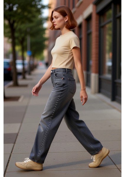 Antrasit Düşük Bel Geniş Paça Denim Pantolon Kadın Fonksiyonel Dayanıklı Kaliteli Konforlu