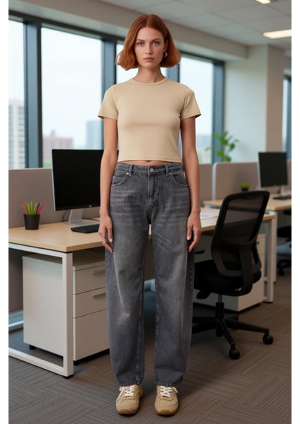 Antrasit Düşük Bel Geniş Paça Denim Pantolon Kadın Fonksiyonel Dayanıklı Kaliteli Konforlu fiyatları