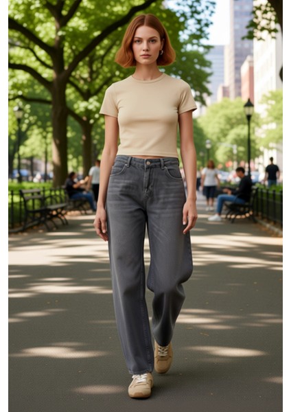 Antrasit Düşük Bel Geniş Paça Denim Pantolon Kadın Fonksiyonel Dayanıklı Kaliteli Konforlu modelleri