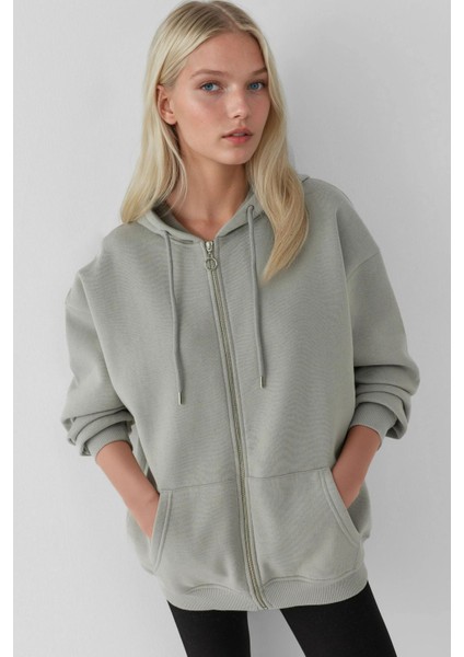 Kadın Şardonlu Cepli Fermuarlı Kapüşonlu Sweatshirt Busem Collection Açık Gri