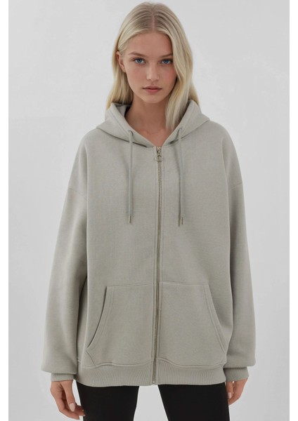 Kadın Şardonlu Cepli Fermuarlı Kapüşonlu Sweatshirt Busem Collection Açık Gri