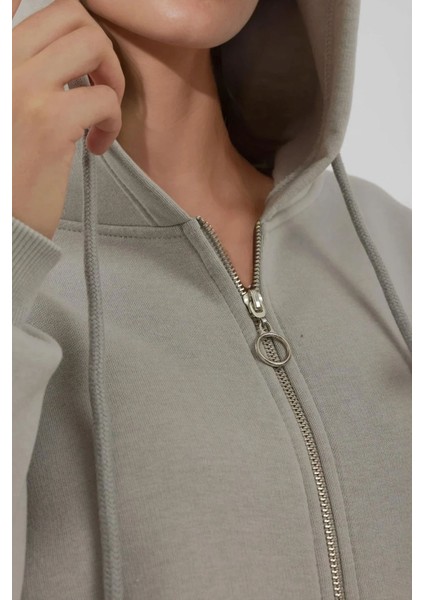 Kadın Şardonlu Cepli Fermuarlı Kapüşonlu Sweatshirt Busem Collection Açık Gri