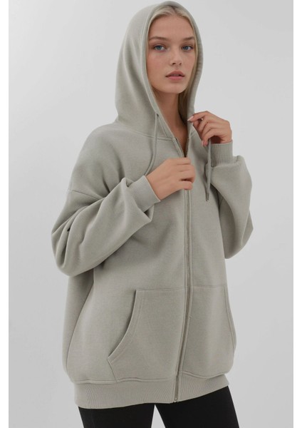 Kadın Şardonlu Cepli Fermuarlı Kapüşonlu Sweatshirt Busem Collection Açık Gri