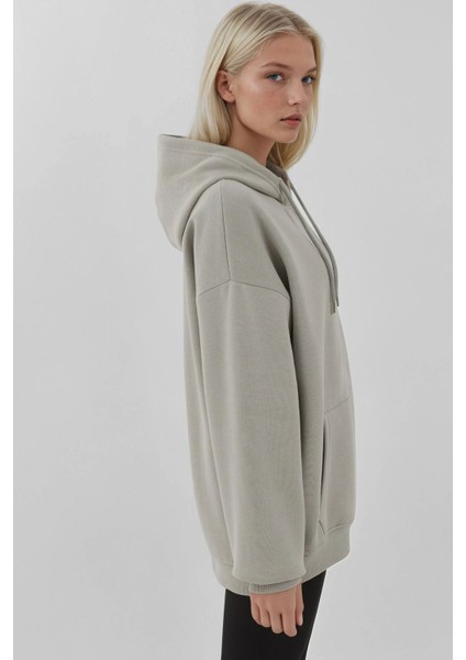 Kadın Şardonlu Cepli Fermuarlı Kapüşonlu Sweatshirt Busem Collection Açık Gri