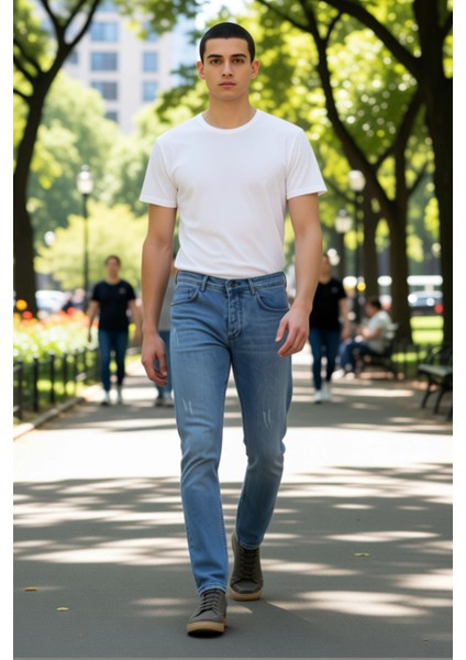 Erkek Slim Fit Yırtık Detaylı Denim Pantolon Açık Fonksiyonel Dayanıklı Kaliteli Konforlu Şık fırsatları