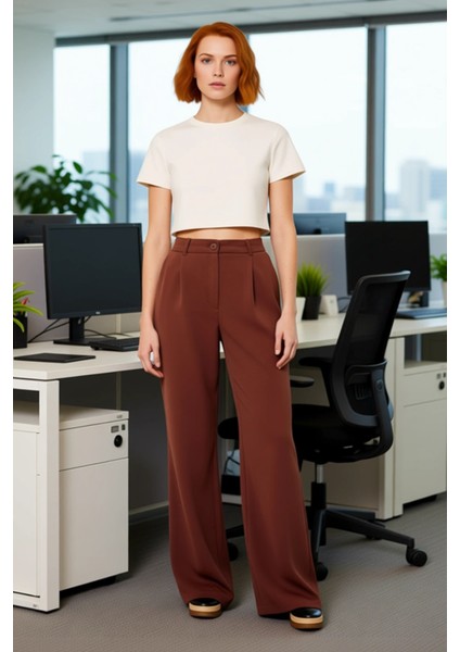 Kadın Haki Yüksek Bel Geniş Paça Dokuma Pantolon Fonksiyonel Dayanıklı Kaliteli Konforlu Şık
