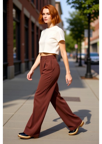 Kadın Haki Yüksek Bel Geniş Paça Dokuma Pantolon Fonksiyonel Dayanıklı Kaliteli Konforlu Şık modelleri