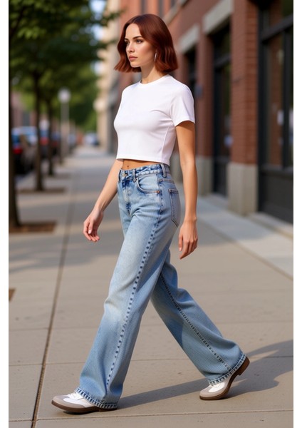 Kadın Açık Düşük Bel Geniş Paça Denim Pantolon Fonksiyonel Dayanıklı Kaliteli Konforlu Şık