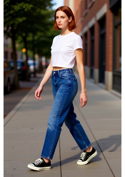 Kadın Gece Yüksek Bel Mom Jean Pantolon Fonksiyonel Dayanıklı Kaliteli Konforlu Estetik Şık