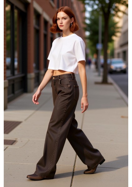 Kadın Deri Görünümlü Wide Leg Jean Pantolon Fonksiyonel Dayanıklı Kaliteli Konforlu Modern