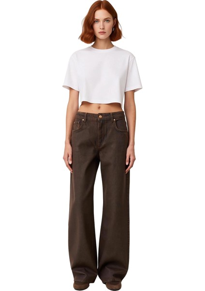 Kadın Deri Görünümlü Wide Leg Jean Pantolon Fonksiyonel Dayanıklı Kaliteli Konforlu Modern fırsatları