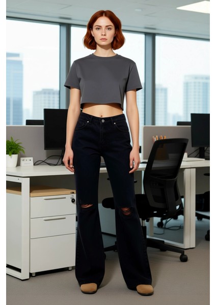 Kadın Yırtık Detaylı Wide Leg Jean Pantolon Fonksiyonel Dayanıklı Kaliteli Konforlu Modern fiyatları