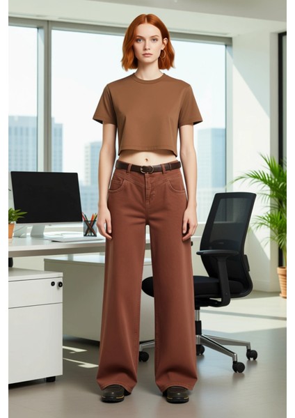 Kadın Wide Leg Düşük Bel Kot Pantolon Kemerli Fonksiyonel Dayanıklı Kaliteli Konforlu Spor