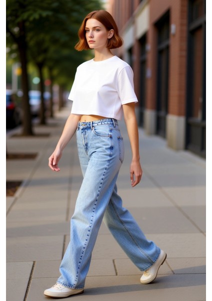 Kadın Açık Yüksek Bel Geniş Paça Denim Pantolon Fonksiyonel Dayanıklı Kaliteli Konforlu Şık