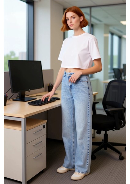 Kadın Açık Yüksek Bel Geniş Paça Denim Pantolon Fonksiyonel Dayanıklı Kaliteli Konforlu Şık fiyatları