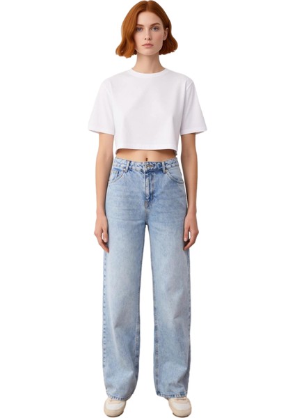 Kadın Açık Yüksek Bel Geniş Paça Denim Pantolon Fonksiyonel Dayanıklı Kaliteli Konforlu Şık fırsatları