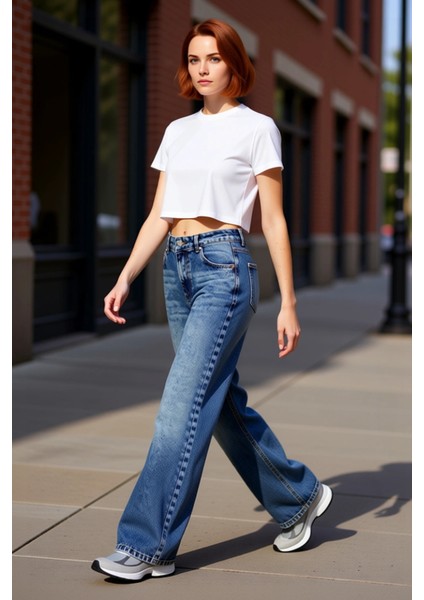 Kadın Açık Düşük Bel Geniş Paça Denim Pantolon Fonksiyonel Dayanıklı Kaliteli Konforlu Şık
