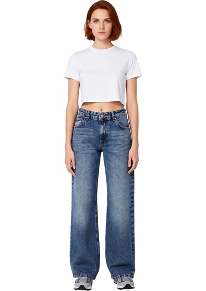 Kadın Açık Düşük Bel Geniş Paça Denim Pantolon Fonksiyonel Dayanıklı Kaliteli Konforlu Şık fırsatları