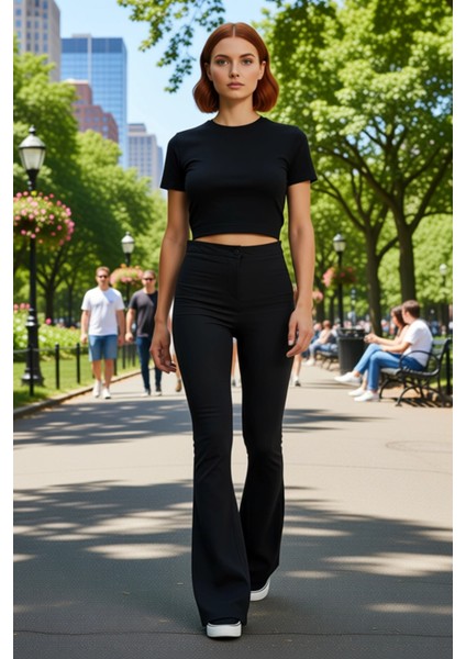 Kadın Flare Paça Dokuma Pantolon Yüksek Bel Fonksiyonel Dayanıklı Kaliteli Konforlu Modern fiyatları