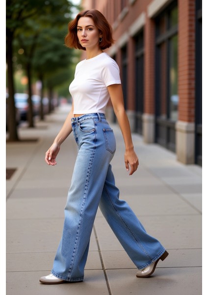 Kadın Yüksek Bel Geniş Paça Denim Pantolon Fonksiyonel Dayanıklı Kaliteli Konforlu Estetik
