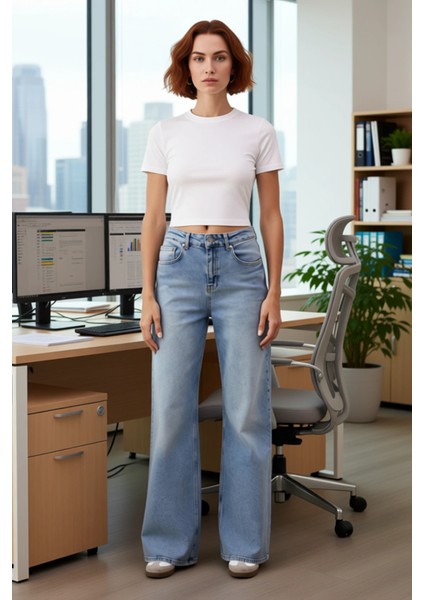 Kadın Yüksek Bel Geniş Paça Denim Pantolon Fonksiyonel Dayanıklı Kaliteli Konforlu Estetik fiyatları