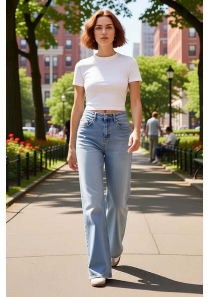 Kadın Yüksek Bel Geniş Paça Denim Pantolon Fonksiyonel Dayanıklı Kaliteli Konforlu Estetik modelleri