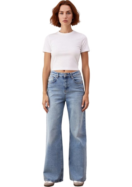 Kadın Yüksek Bel Geniş Paça Denim Pantolon Fonksiyonel Dayanıklı Kaliteli Konforlu Estetik fırsatları