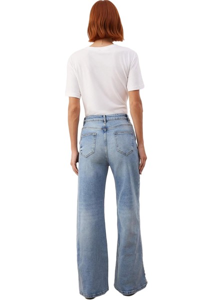 Kadın Yüksek Bel Geniş Paça Denim Pantolon Fonksiyonel Dayanıklı Kaliteli Konforlu Estetik indirimleri