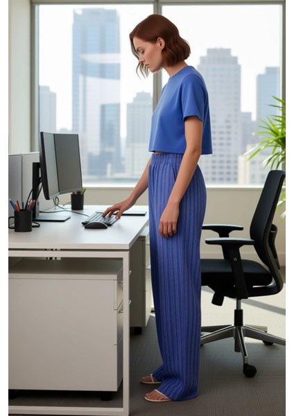 Kadın Dokulu Yüksek Bel Boru Paça Pantolon Fonksiyonel Dayanıklı Kaliteli Konforlu Estetik