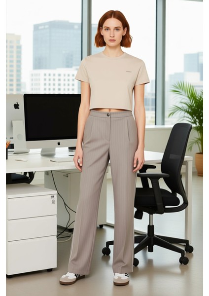 Kadın Vizon Çizgili Uzun Paça Pantolon Fonksiyonel Dayanıklı Kaliteli Konforlu Estetik Şık