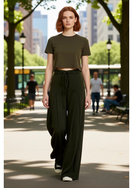 Kadın Haki Geniş Paça Kuşaklı Dokuma Pantolon Fonksiyonel Dayanıklı Kaliteli Konforlu Spor fiyatları