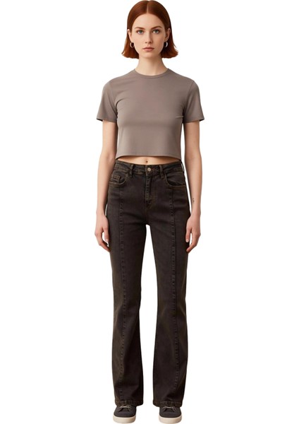 Kadın Yüksek Bel Dikiş Detaylı Geniş Paça Jean Pantolon Fonksiyonel Dayanıklı Kaliteli Şık